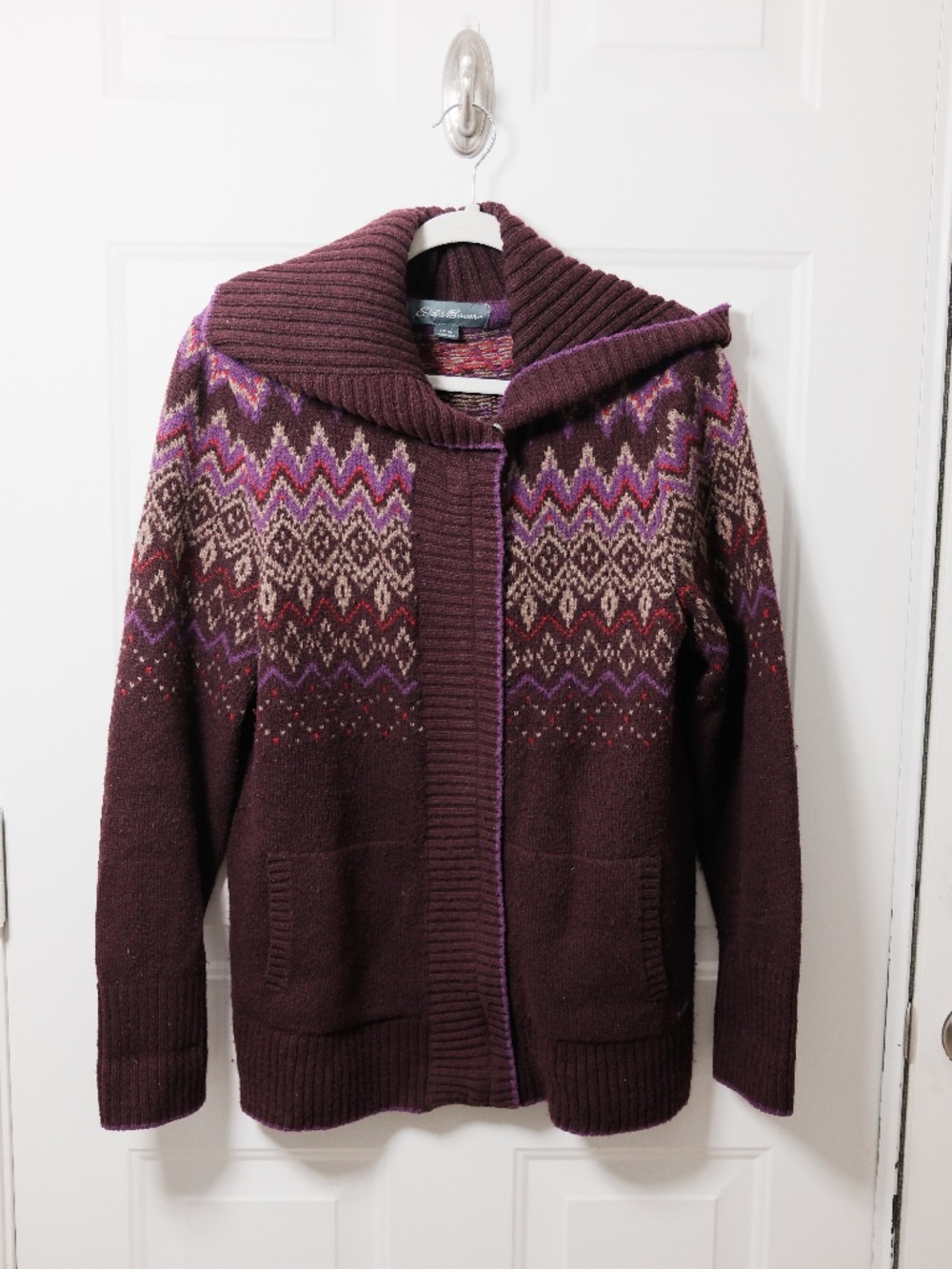 Eddie Bauer Womens Cardigan Sweater Fair Isle Shawl Collar Size L